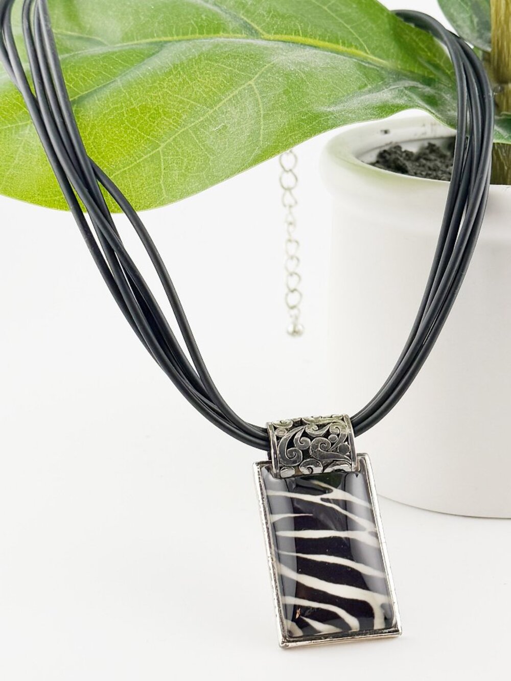 Chico's Silver Tone Zebra Print Rectangular Pendant Cord Necklace 16" + 3"